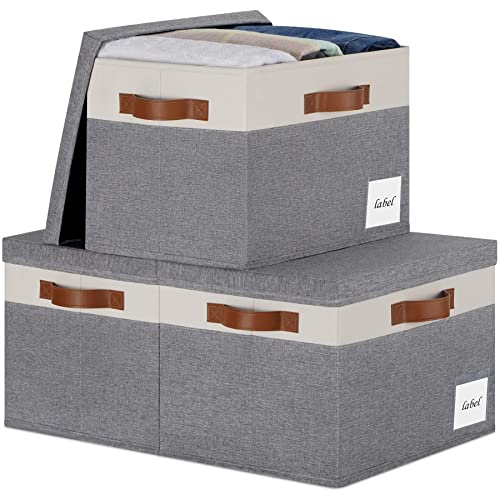 Extra Large Storage Bins with Lids, Foldable Fabric Storage Baskets with Lids, Sturdy Storage Boxes with Labels and 3 PU Handles for Closet Home Bedroom Office (32L, 3 Packs, Grey&White) - color: Grey with White, size: Extra Large-3pcs