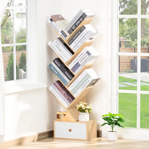 SHEEPAM 8 Tier Tree Bookshelf with Drawer, Free Standing Wood Bookcase for Narrow Space, Storage Organizer Bookshelves for Books, Book Case for Home Office, Living Room, Bedroom - Natural - color: Natural, size: 8 Tier