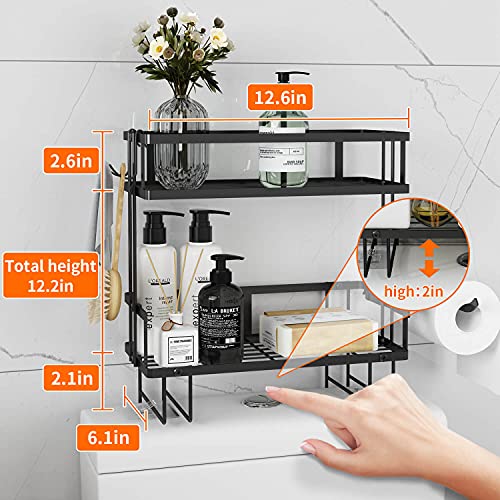 Godboat Bathroom Organizers, 2-Tier Over Toilet Storage, Floating Shelves with 2 Hooks & Paper Holder, Wall Mounted Shelf Furniture, Cool Accessories & Decor, Gifts for Women, Mothers Day (Black) - color: Black, size: 2-Tier