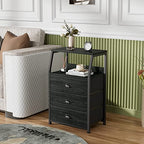 Furnulem Black Night Stand, Small Dresser for Bedroom, Nightstand with 3 Fabric Storage Drawers and 2-Tier Shelf, End Table Side Furniture for Closet, Hallway, Nursery, Sturdy Steel Frame, Wood Top - color: Black Oak, style: 3 Drawers