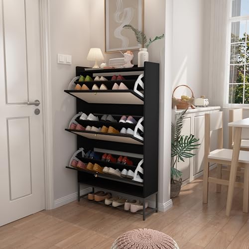 Shoe Cabinet Storage for Entryway, Narrow Shoe Cbinet with 3 Filp Drawers, Wood Freestanding Shoe Organizer Cabinet with Metal Legs, Hidden Storage Behind Door for Hallway, Living Room (Black) - color: Linen-black, size: 3 Drawer-Divider