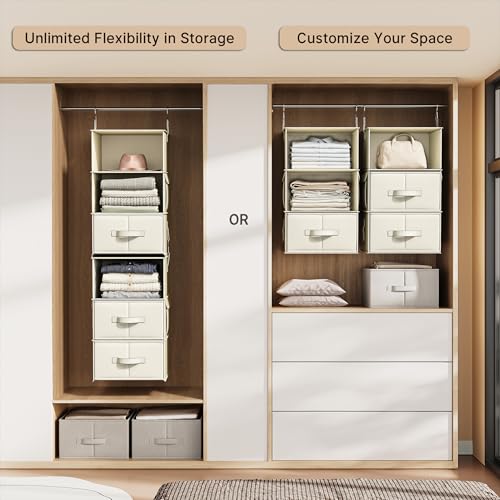 Vailando 6-Shelf Hanging Closet Organizer with 3 Drawers, 2 Separable 3-Shelf Closet Organizers and Storage for Wardrobe Organization, Hanging Dresser for Nursury & Dorm Clothes Organizer, Beige - color: Beige, size: 6-Shelf Separable