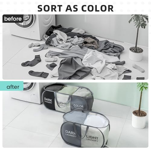 TECHMILLY Collapsible Laundry Basket Durable Pop Up Hamper with 2 Compartments for Sort and Storage, Portable Dirty Clothes Hamper for Dorm, Laundry Room or Travel (Grey + Begie) - color: Grey + Begie, size: 1 Pack