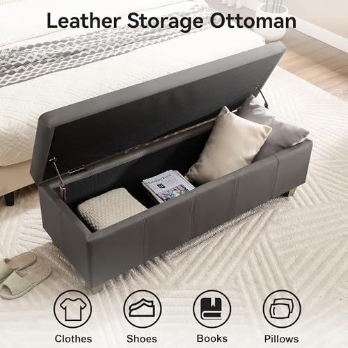 WUTUTUEE 41" Faux Leather Storage Ottoman, Stitch Tufted Rectangle Upholstered End of Bed Storage Bench, Entryway Large Couch Ottoman with Wooden Legs,Dark Grey - color: Dark Grey, size: 41 Inch