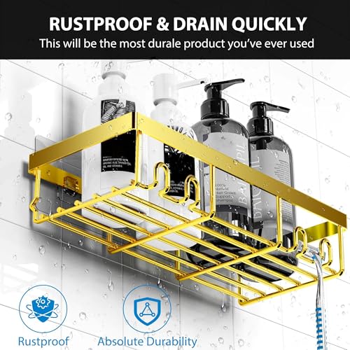 Moforoco Adhesive Shower Caddy Organizer Shelves Rack - 5 Pack Corner Bathroom Storage Organization, Home & Kitchen Decor Inside RV Accessories, Hanging First Apartment Household Camper Essentials - color: Gold