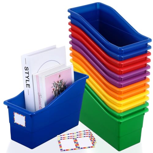 12 Pack Large Book Bins, Durable Magazine Organizer File Holder High-Quality Plastic Book Storage Bins with Labels for Classroom Library, Office, Desktop Organization,Bookshelf Categorization(Rainbow) - color: Rainbow