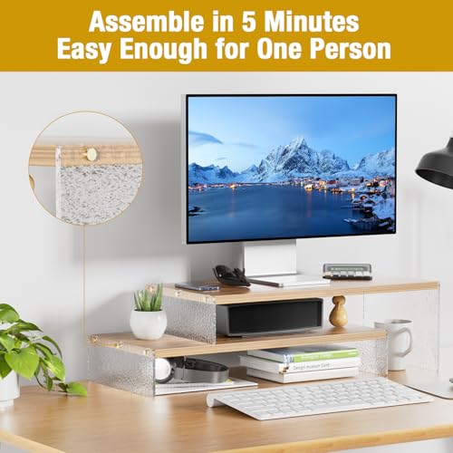 Adjustable Monitor Stand Riser with Acrylic Legs丨9.4" Wide Dual Monitor Stand for Desk丨2-Tier Wood Desktop Organizer for Computer, Laptop, Printer & PC丨Modern Aesthetic Desk Shelf(wood-glacial striae) - color: wood-glacial striae, size: 9.4’ W*19.3L