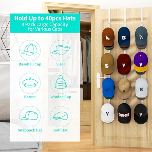HapiRm Over Door Hat Rack - 3 Packs Hat Organizer with 12 Hooks Design, Hanging Baseball Cap Organizer Storage Holds Up to 60 Caps for Door, Bedroom, Closet (White) - color: White, size: 3 Pack