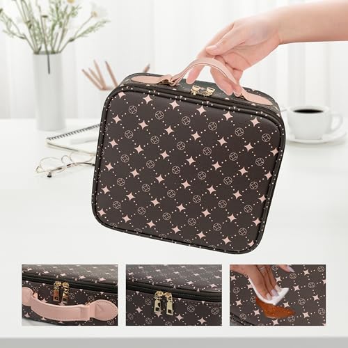 Travel Makeup Bag,Waterproof Cosmetic Organizer, Adjustable Dividers,Portability Cosmetic Train Case,Makeup organizer,Gift for Women,Girls Gift (Coffee+Pink) - color: Coffee+Pink