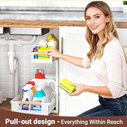 2 Pack Under Sink Organizer, 2 Tier Pull Out Cabinet Organizer with 5-Level Adjustable Height, Sliding Metal Storage Rack for Kitchen Bathroom Pantry, White - color: White-2 Pack