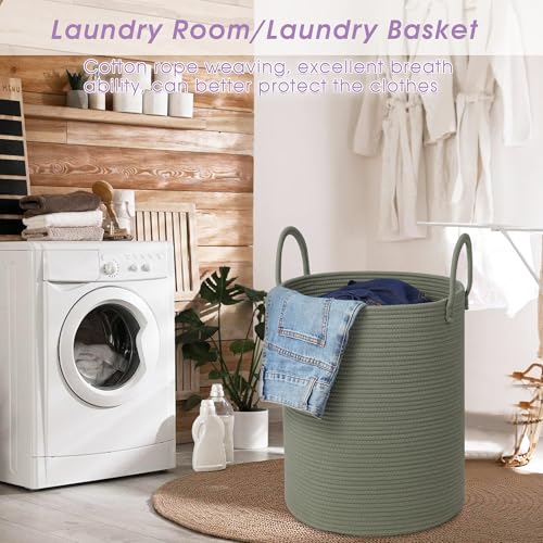 Large Laundry Basket,Laundry Hamper,15''x18'' Cotton Rope Storage Basket with Handles,baby hamper,Nursery Blanket Storage Living Room,toy basket,kids laundry(Green) - color: Green, size: 60L