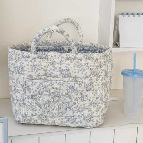 Quilted Fabric Basket Foldable Car Storage Boho Floral Laundry Basket Hamper for Nursery Bedroom & Living Room | Organize Clothes Toys - color: Blue Floral