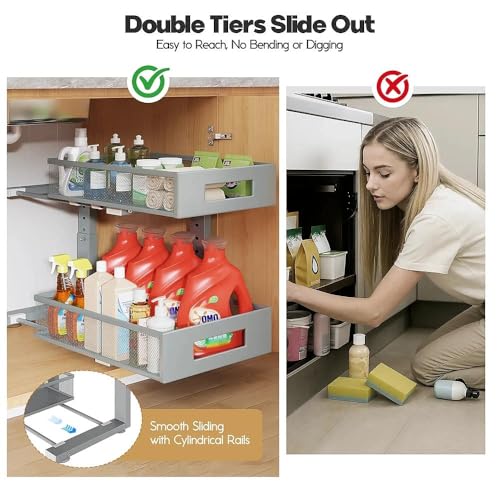 Under Sink Organizer,2-Tier Dual Pull Out Cabinet Organizer Drawers With Smooth Circular Rail,Large Capacity Metal Mesh Sliding Shelves For Bathroom& Kitchen Storage,Height Adjustable–Gun Gray,2 Packs - color: Gun Gray, size: 2 Pack-15.9"Dx11.6"-16.7" H