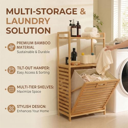 Baveke Laundry Hamper with 2-Tier Shelves & Tilt Out Basket, Laundry Baskets Organizer Hampers Bathroom Storage Shelf for Laundry Room, Bathroom, Nursery, Bedroom, Guest Room (FSC-Certified Bamboo) - color: Natural, size: YSJ01-2T