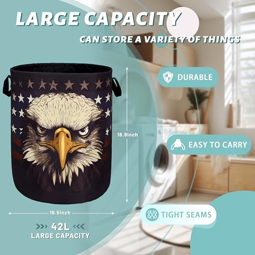 American Flag Eagle Laundry Basket Foldable With Handles Patriotic Tote Bag Oxford Cloth Funny Laundry Hamper Clothes Storage Bucket Toy Organizer For Bathroom/Laundry/Bedroom 18.9"x16.5 " - color: American Flag With Eagle 01