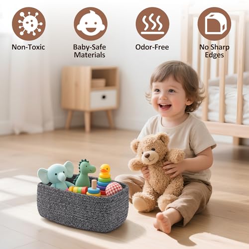 5-Pack Small Woven Rope Storage Baskets – 2 Sizes Organizer Bins for Closet, Shelf, Bookshelf, Nursery, Changing Table, Fabric Cube Boxes, Rectangular Shallow Bins for Bathroom, Toy & Home - color: Grey