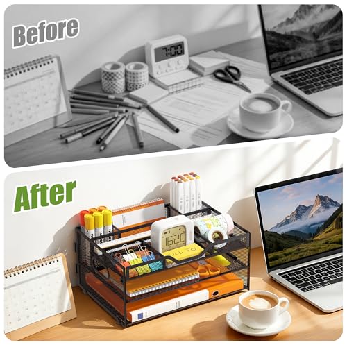 3-Tier Letter Paper Tray Desk Organizer, Black Desktop File Rack Holder with 3 Drop in Pencil Holder and Sliding Tray for Office Classroom and Home Supplies Organization Storage - color: Black-3
