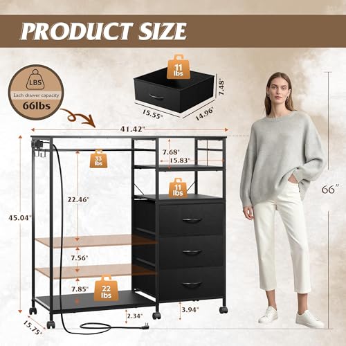 WLIVE Black Dresser with Hanging Rack for Bedroom, 3 Drawer Dresser with LED Lights & Charging Station, Fabric Dressers & Chest of Drawers, Storage Organizer with Open Shelves for Living Room - color: Black