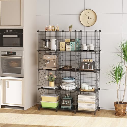 12-Cube Storage Organizer, Metal Wire Cube Shelving Unit, 11.8" L x 11.8" W x 11.8" H, Modular Grid Bookshelf for Closet, Bedroom, Office, Black ATTJL12B - color: Black