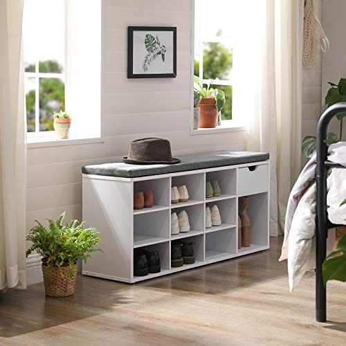 VASAGLE CUSTOS Collection - Storage Bench, Entryway Bench with Cushion, Drawer and Open Compartments, Bench with Storage, Living Room, Bedroom, Closet, White and Gray ULHS24WT - color: White + Gray