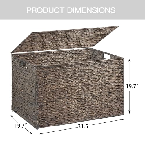Water Hyacinth Storage Basket with Lid, 52.8 Gallon (200L) Wicker Storage Trunk with Handles, Handwoven Large Wicker Storage Basket for Blanket, Foldable, for Living Room, Bedroom, Brown - color: Brown, size: 200L: 31.5 x 19.7 x 19.7 Inches