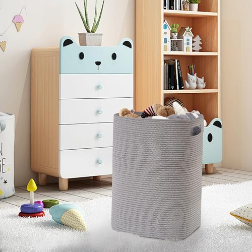 MEGASKET Large Laundry Hamper 16"x13"x22" - Tall Woven Laundry Basket, Cotton Rope Dirty Clothes Hamper, Baby Kids Nursery Wicker Laundry Basket, Bedroom Aesthetic, Soft Laundry Bin, Gray Hamper, 75L - color: Gray