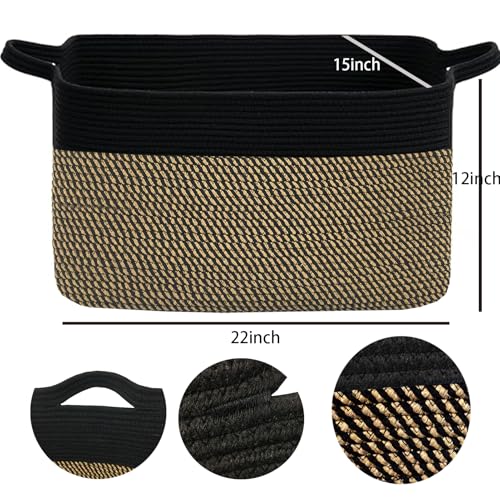 COMFY-HOMI Large Rectangular Blanket , Cotton Rope Woven for Storage, LaundryHamper, Storage ,Toy Organizing Bin with Handle, Organizer and Storage-22x15x12-Black/Jute - color: Black/Jute, size: 22''x15''x12''