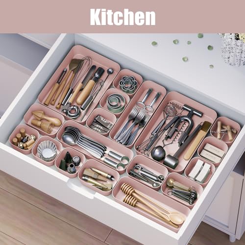Plastic Drawer Organizers, 18 PCS Bathroom Drawer Organizer Bins, Desk and Vanity Organizer Plastic Tray, Makeup organizer and storage for Bedroom, Kitchen Gadgets Utensils and Office (Pink) - color: Pink, size: 18pcs