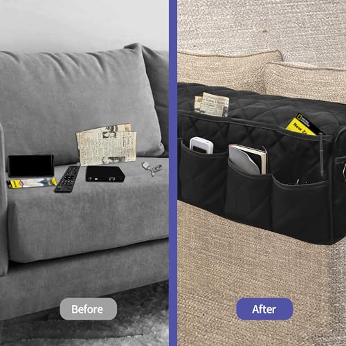 MEHIDFY Armchair Caddy, Waterproof Sofa Armrest Organizer, Non Slip Recliner Organizer, Remote Holder for Recline, Recliner Caddy with 14 Pockets Storage for TV Remote, Phone, Magazine (Black) - color: Black