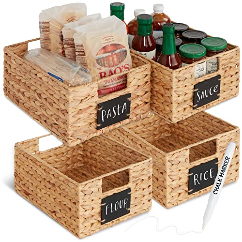 Best Choice Products Set of 4 9x12in Water Hyacinth Pantry Baskets, Woven Organizers w/Chalkboard Label, Chalk Marker - Natural - color: Natural, size: 9x12x5in