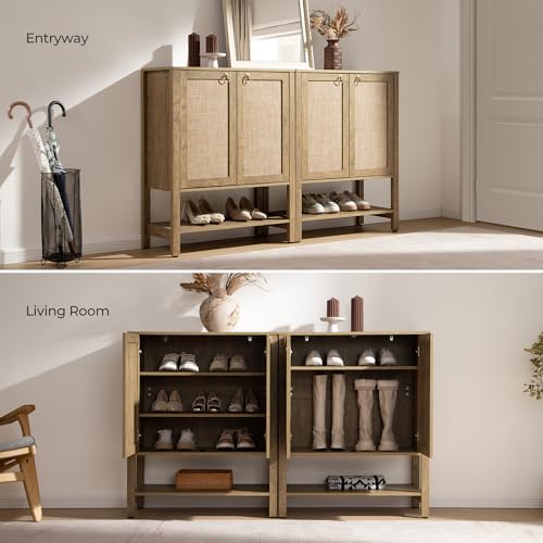 SICOTAS Rattan Shoe Cabinet with Storage - 5 Tier Farmhouse Boho Shoe Organizer Storage Cabinet with Shelves & Doors, Tall Shoe Rack Cabinet for Entryway, Living Room, Closet (Carbon Cherry) - color: Carbon Cherry, size: 1 Piece