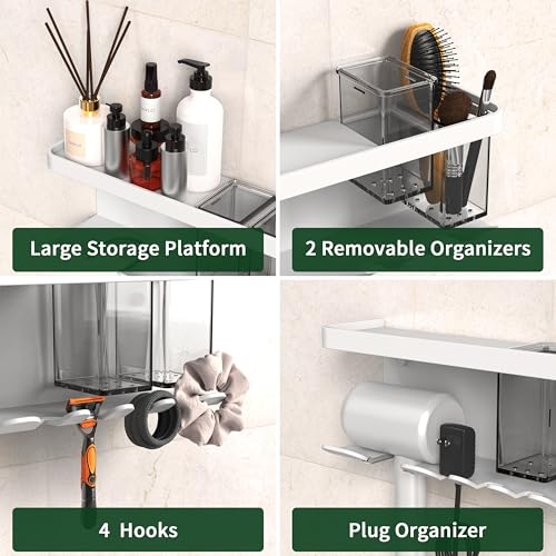 Hair Dryer Holder Wall Mounted Adhesive/Drilling, Hair Dryer Storage Organizer with Shelf & Hooks for Bathroom, Blow Dryer Holder, Hair Tool Organizer (White) - color: White