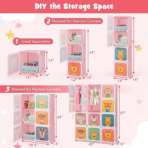 HONEY JOY Kids Wardrobe Closet, Baby Cartoon Clothes Storage Organizer, 12 Cubes & 2 Hanging Sections, Portable Children DIY Modular Bedroom Armoire Dresser Cabinet for Boys Girls (Pink) - color: Pink, size: 12-Cube