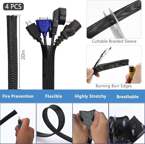 ELII 300PCS Cable Management Kit,4 Cable Sleeve 35 Cable Clips with 11Cord Holders,20 Roll Cable Organizer Straps and 200 Fastening Cable Ties,20 Cable Zip Tie Mounts for Under Desk - color: White