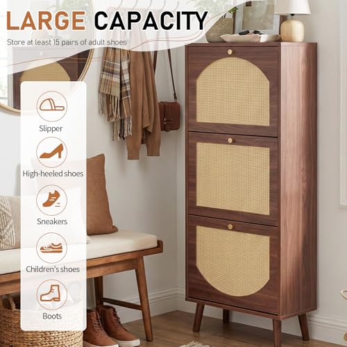 Karl home Shoe Rack Storage Organizer, Rattan-Panel 3-Tilt-Out Shoe Storage Cabinet, Hidden Shoe Storage for Entryway,Ideal for Heels,Slippers,Casual Shoes, Brown - color: Brown, size: 3-Tilt-Out