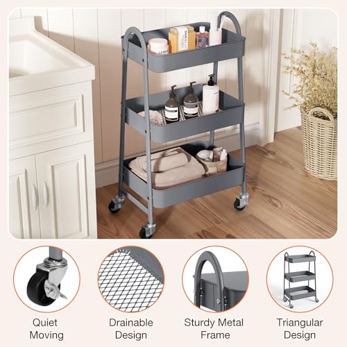 NEWBULIG 3-Tier Rolling Utility Cart with Locking Wheels, Slim Metal Mobile Storage Organizer Shelf for Small Spaces, Bathroom, Living Room, Grey - color: Gray, size: 3-Tiers
