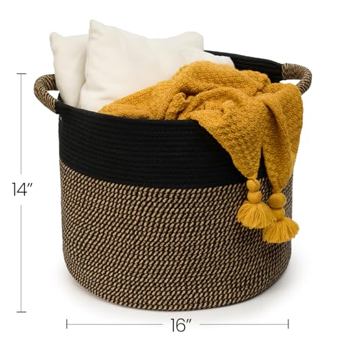 Blanket Basket - Woven Round Rope Storage Basket (16"Wx14"H) for Blankets & Throws, Small Laundry & Toy Organizer, Decorative Living Room & Bedroom Cotton Basket - Black & Jute - color: Black & Jute, size: Regular-16"Wx14"H