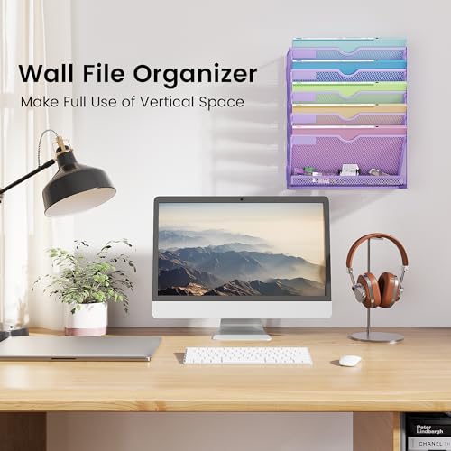 Hanging Wall File Organizer, 6-Tier Purple Desk Organizer with Metal Mesh, Foldable Document Organizer for Office Desk, Wall Mount Magazine Rack for Mail/Books/Tablet - color: Purple-1pack