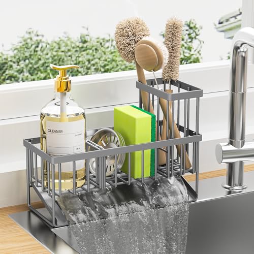 Cisily Sink Caddy Organzier with High Brush Holder, Sponge Holder for Sink, 304 Rustproof Stainless, Kitchen Countertop Soap Dispenser Organizer, Gray Kitchen Decor and Accessories - color: Grey, size: 9.25″