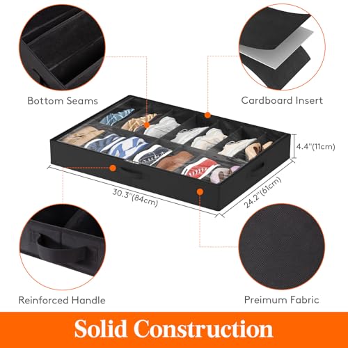 Lifewit Under Bed Shoe Storage Organizer 4 Pack(14 Shoes Cells), 4.3 Inches Tall Low Profile Fabric Shoes Container Box with Clear Cover, Foldable Storage Bag with 2 Handles, Fits 28 to 56 Pairs - style: 14 Shoes Cells