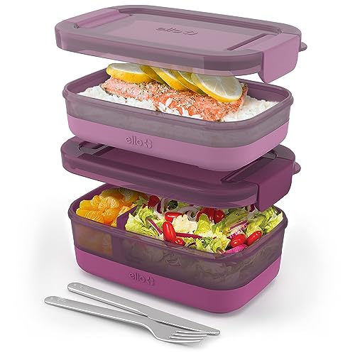 Ello 2-Pack Lunch Stack Plastic Food Storage Container Bento Box with Airtight, Leak-Proof Locking Plastic Lids and Silicone Base, BPA-Free, Freezer, Microwave, and Dishwasher Safe, Raspberry - color: Raspberry