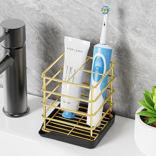 Toothbrush Holders for Bathrooms, Stainless Steel Toothbrush Holder Kids Electric 3 Slots Tooth Brushing Holder Stand and Toothpaste Holder for Bathroom Accessories Organizer with Tray, Gold - size: Gold