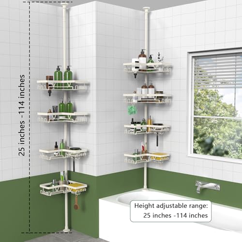 KEGII Shower Corner Caddy Tension Pole, Rustproof Corner Bathroom Organizer, No Drilling Bathtub Shelf for Inside Shower, Waterproof Bathroom Tub Organizer, Fits 25-114.2 Inch Height, Cream White - style: Tension Caddy - Cream White