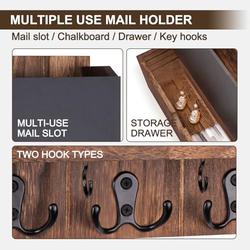 Mail and Key Holder Wall Mount with Storage Drawer – Modern Wooden Mail Organizer for Wall Entryway, 7 Key Hooks & Chalkboard Panel – Stylish Home Decor for Apartments, Living Room, Office - color: Brown