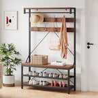 IDEALHOUSE Coat Rack Shoe Bench Industrial Hall Tree Storage Bench for Entryway Wood Look Accent Large Shoe Rack with Storage Shelf Hanging Bar,8 Hooks Grey 39.9"x15.7"x72" - color: Brown