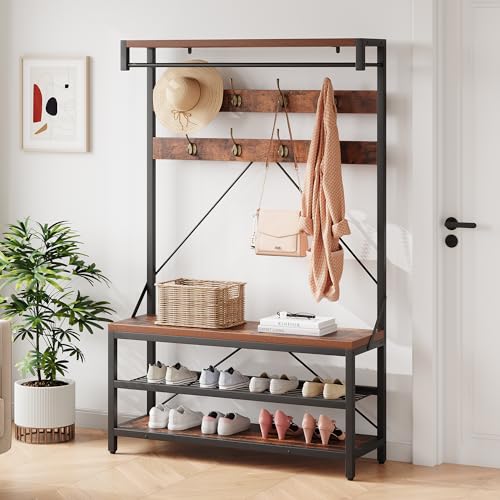 IDEALHOUSE Coat Rack Shoe Bench Industrial Hall Tree Storage Bench for Entryway Wood Look Accent Large Shoe Rack with Storage Shelf Hanging Bar,8 Hooks Grey 39.9"x15.7"x72" - color: Brown
