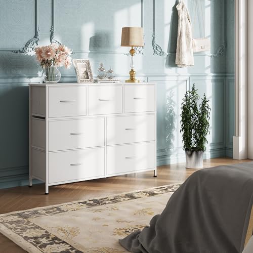 WLIVE 7 Drawer Dresser TV Stand, Dressers for Bedroom, Fabric Storage Tower, Hallway, Entryway, Closets, Sturdy Steel Frame, Wood Top, Easy Pull Handle, White - color: White