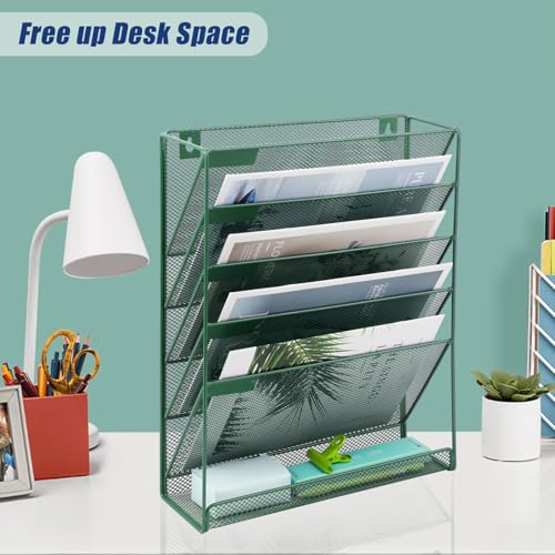 EASEPRES Desk File Organizer Mesh 6-Tier, Hanging Wall Mount Document Organization Stand, Desktop Vertical Mail Paper Folder Holder Rack with Bottom Tray for Office Home Cubicle Countertop, Dark Green - color: Dark Green, size: 6 Tier