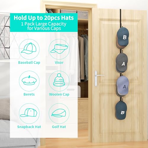 HapiRm Over Door Hat Rack - Hat Organizer with 4 Hooks Design, Hanging Baseball Cap Organizer Storage Holds Up to 20 Caps for Door, Bedroom, Closet (Black) - color: Black, size: 1 Pack