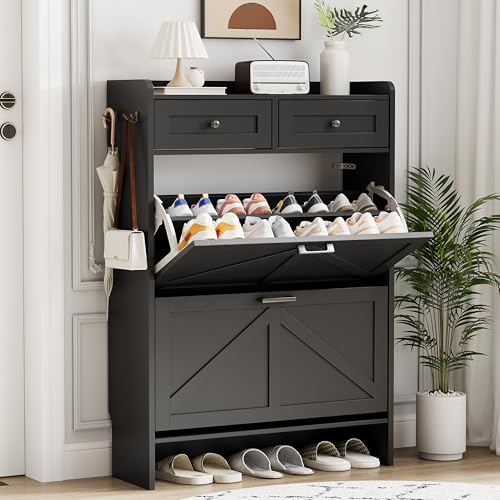 Shoe Cabinet with 2 Flip Drawers & 2 Top Drawers, 43" Tall Freestanding Narrow Wooden Shoe Storage Organizer for Entryway, Hidden Slim Shoe Rack for Front Door Entrance, Hallway, Living Room, Black - color: Black, size: 2 Flip Drawers